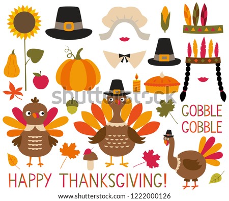 Thanksgiving and fall vector decoration set (turkeys, pumpkins, pilgrim hats)