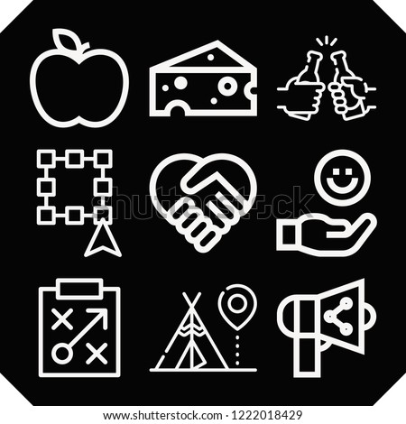 Set of 9 group outline icons such as select, apple, strategy, hangout, share, cheese, handshake, hand