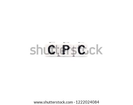 CPC word built with white cubes and black letters on white background