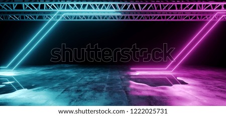 Modern Futuristic Sci Fi Empty Dark Grunge Concrete Wet Room With Stage Metal Construction On Black With Purple And Blue Abstract Neon Glowing Line Shaped Lights 3D Rendering Illustration
