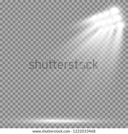 Stadium floodlights brightly illuminate evening or night sports games, concerts, shows, events. Isolated on a transparent background. Arenas of bright spotlights. Bright lights. Illuminated scene.