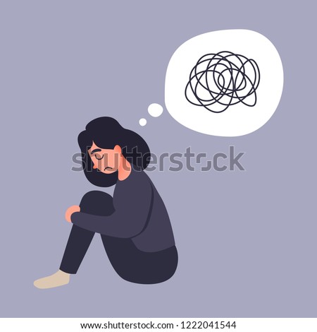 Depression woman sit on the floor. Young woman confused. Anxiety disorder. Insane messy line. Royalty-Free Stock Photo #1222041544