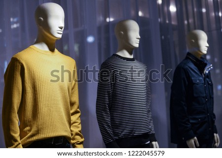 Men urban clothing on mannequins in a store in Paris, 2018.