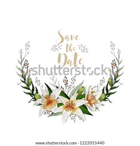 Save the date romantic postcard half wreath with lily flowers and lettering vector template