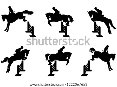 Riders overcome obstacles on horseback. Different phases of the jump. Set of isolated on white background black silhouettes. Equestrian sport - horse jumping. Royalty-Free Stock Photo #1222067653