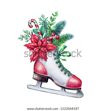 christmas watercolor illustration, figure skate decorated with red poinsettia flower, coniferous twigs, fir, spruce, candy cane, bouquet inside boot, holiday clip art isolated on white background