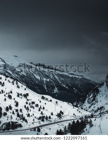Pyrenees Mountains Landscape.
Dark blue moody edit.