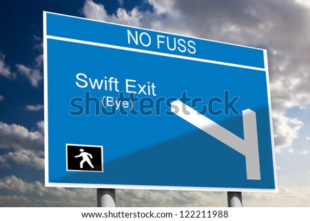 Swift Exit concept on a blue motorway road sign with a sky background