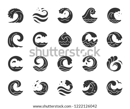 Wave silhouette icons set. Sign kit of sea. Splash pictogram collection includes spiral curl, aqua decoration, tourist diving. Simple wave black symbol isolated on white. Vector Icon shape for stamp