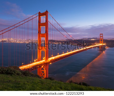 Long exposure image of Golden Gate Bridge at sunset.