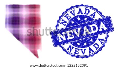 Halftone dot map of Nevada State and blue rubber seal. Vector halftone map of Nevada State designed with regular small circle points and has gradient from blue to red color.