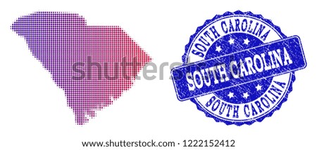 Halftone dot map of South Carolina State and blue corroded seal. Vector halftone map of South Carolina State designed with regular small round dots and has gradient from blue to red color.
