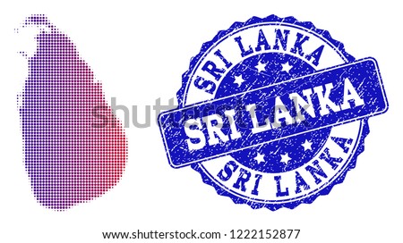Halftone dot map of Sri Lanka and blue textured seal stamp. Vector halftone map of Sri Lanka designed with regular small circle dots and has gradient from blue to red color.