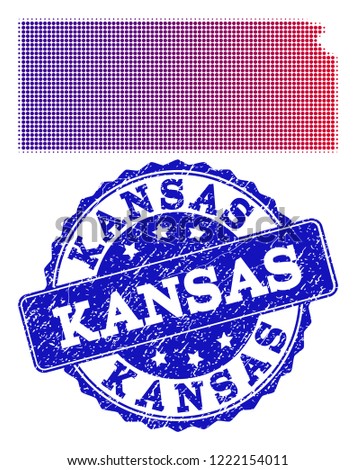 Halftone dot map of Kansas State and blue rubber seal. Vector halftone map of Kansas State designed with regular small circle points and has gradient from blue to red color.