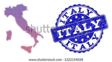 Halftone dot map of Italy and blue scratched seal stamp. Vector halftone map of Italy designed with regular small spheric dots and has gradient from blue to red color.