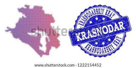 Halftone dot map of Krasnodarskiy Kray and blue unclean seal. Vector halftone map of Krasnodarskiy Kray constructed with regular small spheric dots and has gradient from blue to red color.