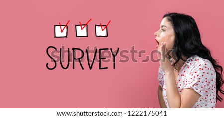 Survey with young woman speaking on a pink background