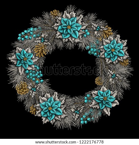 Beautiful sophisticated christmas wreath White silver and cyan metallic colors isolated on black background