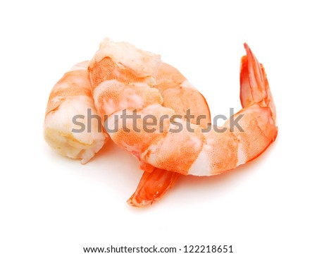 Two cooked unshelled tiger shrimps isolated on white Royalty-Free Stock Photo #122218651