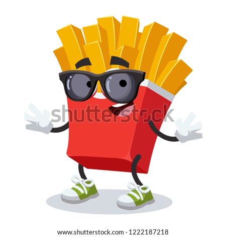 cartoon paper packaging french fries potatoes character mascot in black sunglasses on a white background