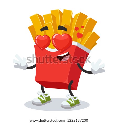 In love cartoon paper packaging french fries potatoes character mascot on white background