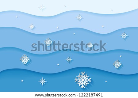 Christmas and New Year blue background with paper snowflakes. Original design for festive invitation, poster, booklet and postcard. Vector illustration