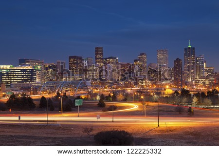 Denver Skyline. Image of Denver Skyline and busy highway in the foreground.