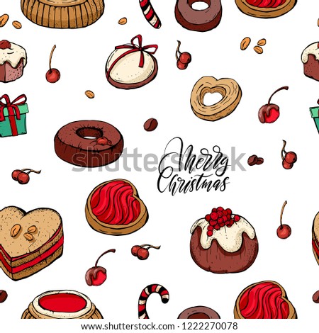 Seamless pattern texture background with christmas winter decoration objects elements items. Delicious Christmas decorations. Vector illustration