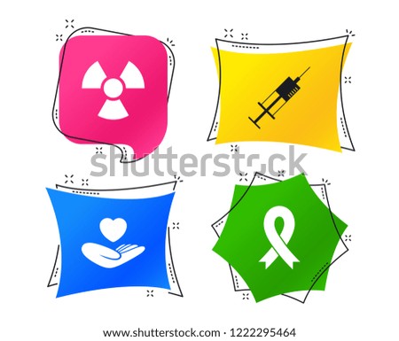 Medicine icons. Syringe, life insurance, radiation and ribbon signs. Breast cancer awareness symbol. Hand holds heart. Geometric colorful tags. Banners with flat icons. Trendy design. Vector