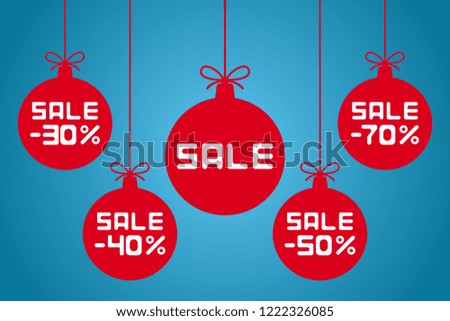 Christmas balls with SALE and  30, 40, 50, 70 percent inscriptions. Vector illustration.