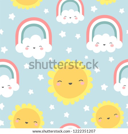 Clouds Rainbows and Stars Cute Seamless Pattern, Cartoon Vector Illustration, Nursery Background for Kid