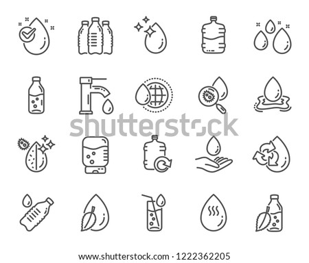 Water drop line icons. Set of Bottle, Antibacterial filter and Tap water linear icons. Bacteria, Cooler and Refill barrel bottle. Liquid drop, antibacterial cleaner and drink machine. Vector Royalty-Free Stock Photo #1222362205