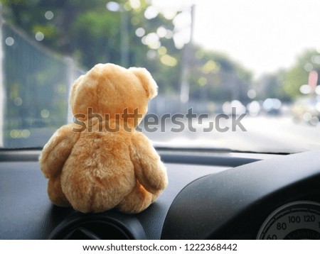 Close up teddy bear sitting alone on the car console.