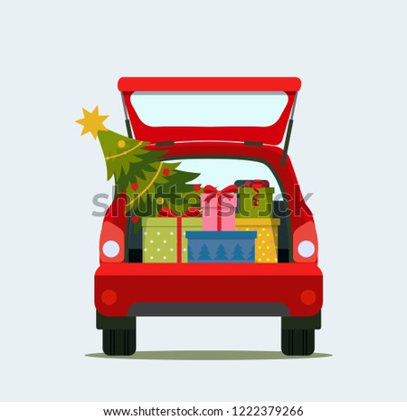 Gift boxes and christmas in the trunk of the car. Merry christmas. Vector flat style illustration