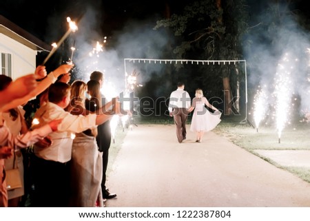 A crowd of young happy people with sparklers in their hands during celebration. Sparkler in hands on a wedding - bride, groom and guests holding lights in hand. Sparkling lights of bengal fires.