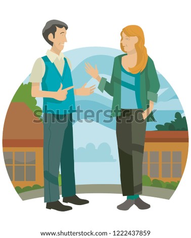 Man and woman have a conversation in front of a landscape background