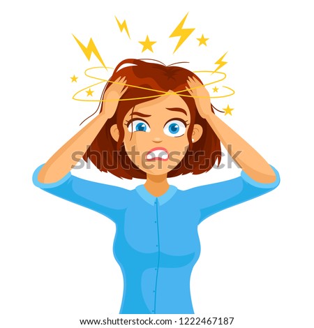 Stressed cartoon business woman in Office Work Place. Stress at work.  Royalty-Free Stock Photo #1222467187