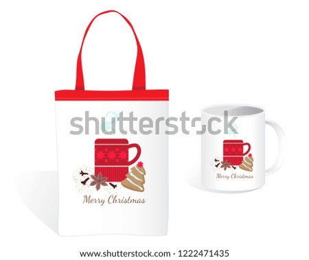 Textile bag and cup with Christmas ginger cookies, cinnamon and cloves