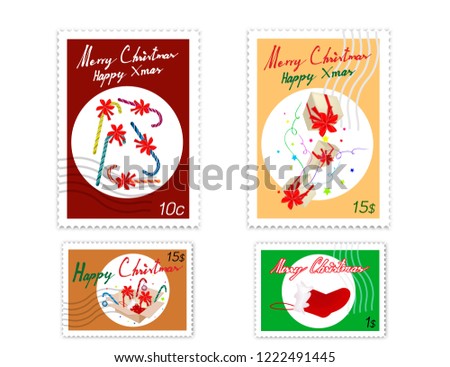 Merry Xmas, Post Stamps Set of Hand Drawn Sketch of Stocking, Candy Canes, Candles with Bauble and Fir Twigs. Sign for Christmas Seasons.