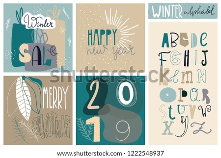 Festive, seasonal set with New Year's illustrations and a winter alphabet for your design.