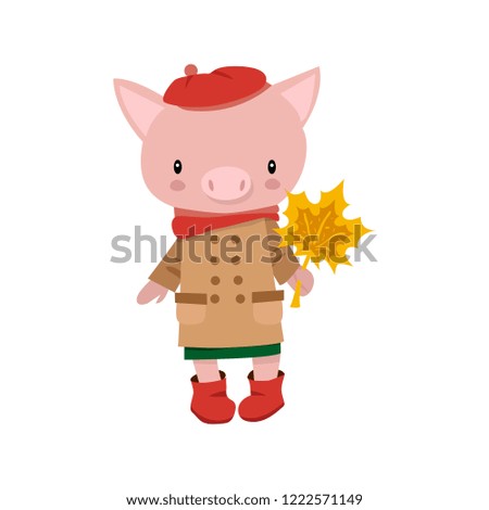 Cute vector pig character in raincoat and rubber boots with maple leaves