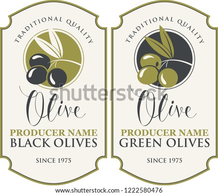 Vector set of two labels for green and black olives with handwritten calligraphic inscription and olive sprig in figured frame in retro style. Royalty-Free Stock Photo #1222580476
