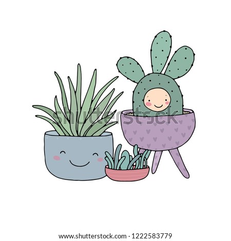 Cartoon cute succulents in pot. isolated objects on white background. Vector illustration.  cactus character