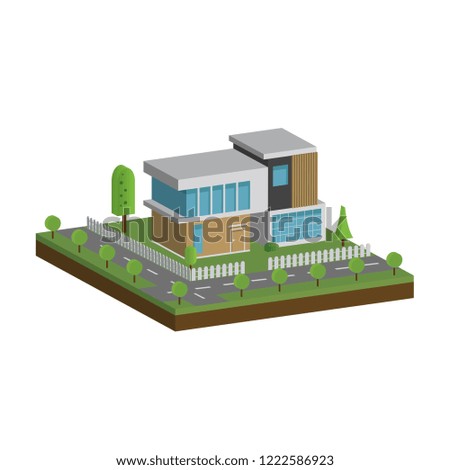 3D modern houses and environment with tree, fence and roads, Isometric of modern building and architecture along with the roads and tree, Flat home vector illustration.