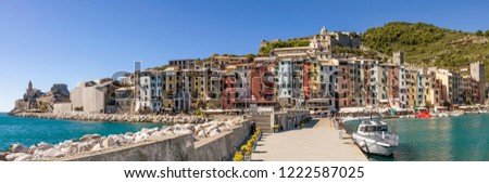 Beautiful panoramic view of the historic center of Portovenere, a characteristic seaside village of Liguria, Italy