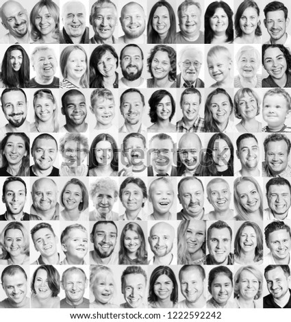 A group of images of laughing people of different gender and age