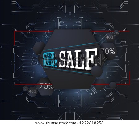 Cyber monday background with futuristic user interface. Sale technology banner for cyber monday. Sale concept