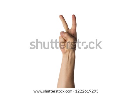 Male hand with two fingers raised on a white background. Side picture. Peace gesture, greeting
