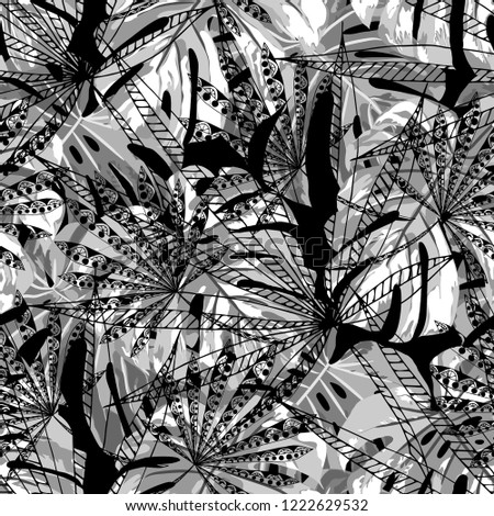 Tropical Trees. Seamless Pattern with Indian Rainforest. Retro Black and White Texture for Print, Swimwear, Underwear. Vector Tropical Pattern.