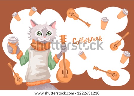 The character a cat in a jacket with a guitar and coffee welcomes on a card